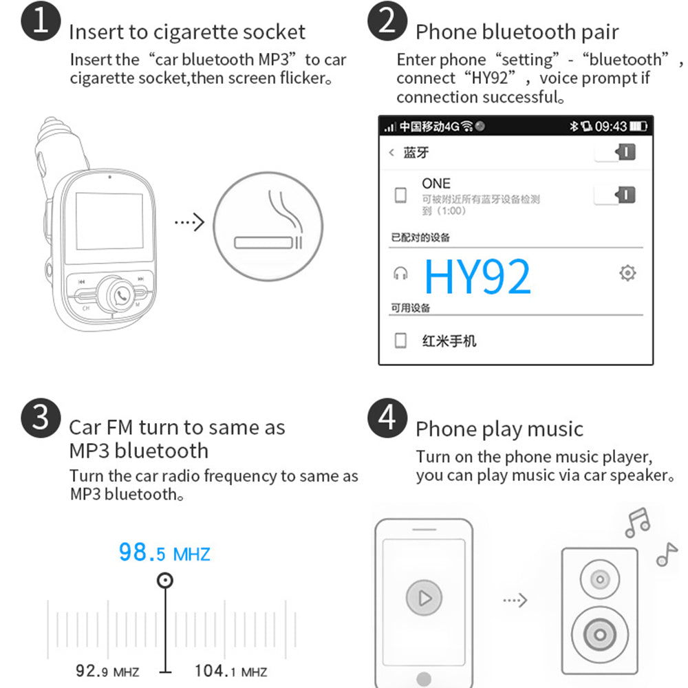 HY92 Car Bluetooth FM Transmitter Dual USB Fast Charger Car MP3 Player Car Kit Accessories with Song Lyrics Digital Display HY92 Car Bluetooth FM Transmitter Dual USB Fast Charger Car MP3 Player Car Kit Accessories with Song Lyrics Digital Display